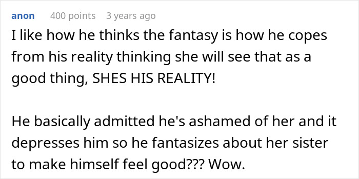 Screenshot of a Reddit comment about a husband&rsquo;s obsession with his wife&rsquo;s sister&rsquo;s weight and the resulting emotional impact.