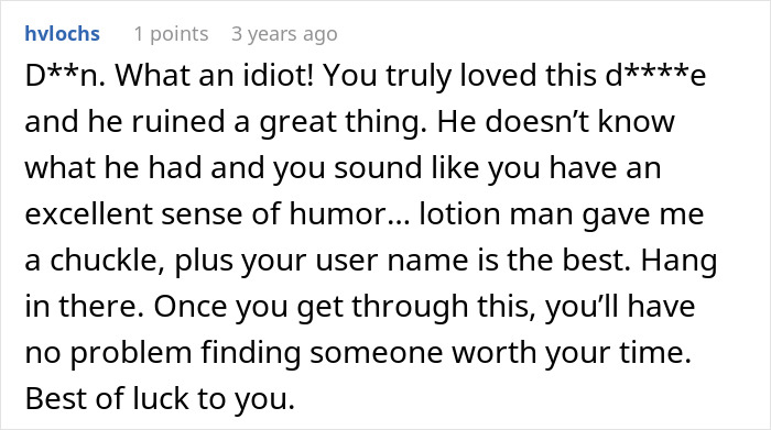 Comment on a forum showing support for a woman&rsquo;s innocent goofy joke about her horrible cheating husband.
