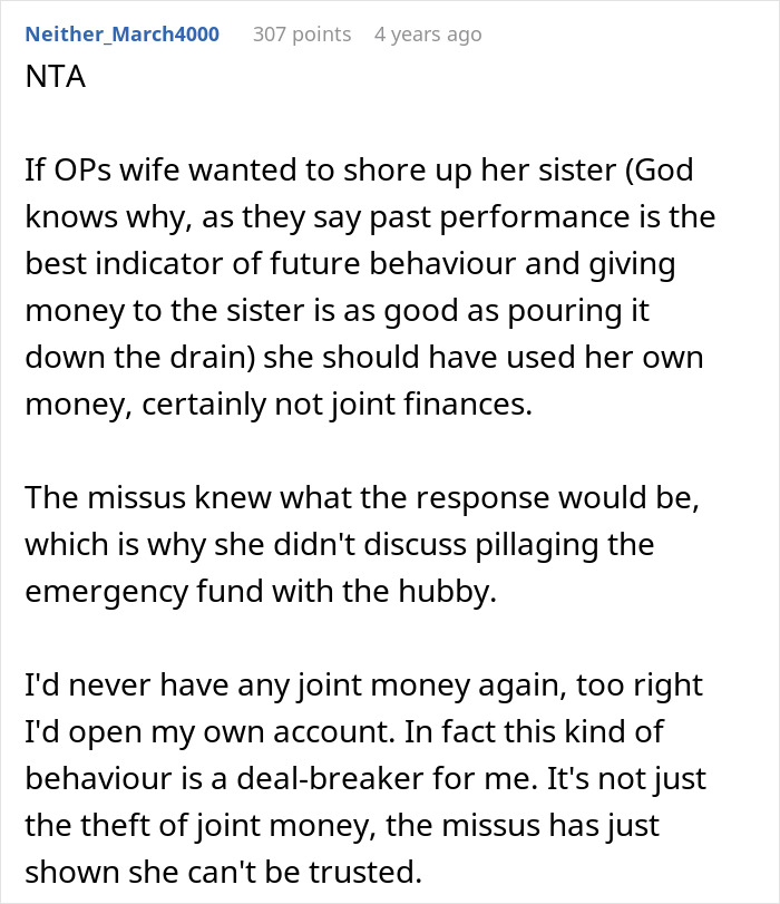 Reddit comment discussing a man discovering wife secretly sent money to sister&rsquo;s pyramid scheme and trust issues.