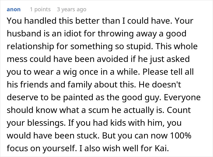 Text comment discussing a woman's goofy joke revealing her husband as a horrible, cheating jerk in a relationship conflict.