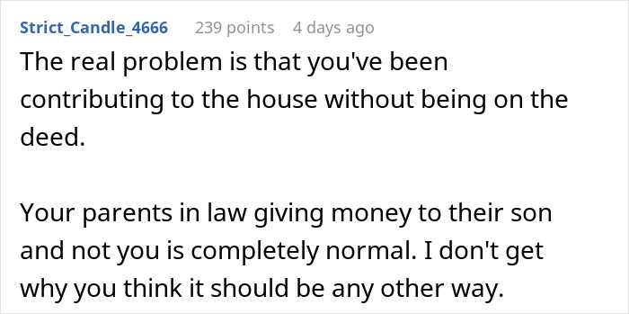 Comment discussing norms around in-laws gifting money to their son but not to the wife or her family.