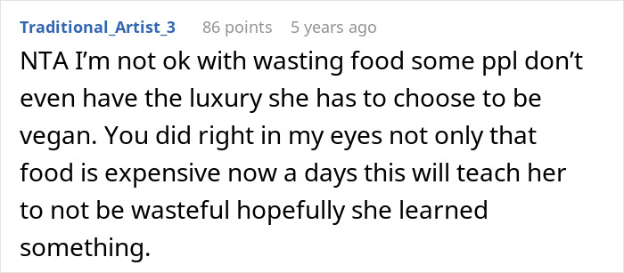 Screenshot of a Reddit comment discussing teaching a vegan teen about wasting food and cooking meat to learn a lesson.