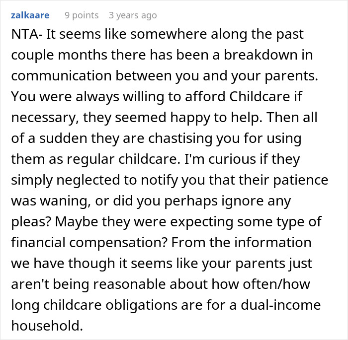 Screenshot of online comment discussing breakdown in communication between dad and parents about babysitting and childcare obligations.