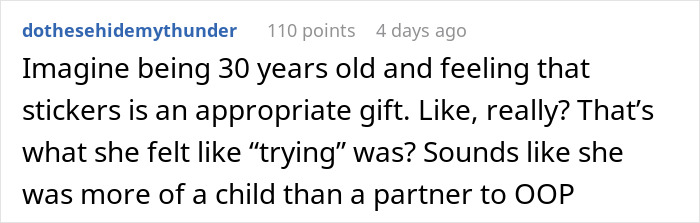 Comment discussing trashing girlfriend's gift, questioning the appropriateness of stickers as a present and emotional maturity.