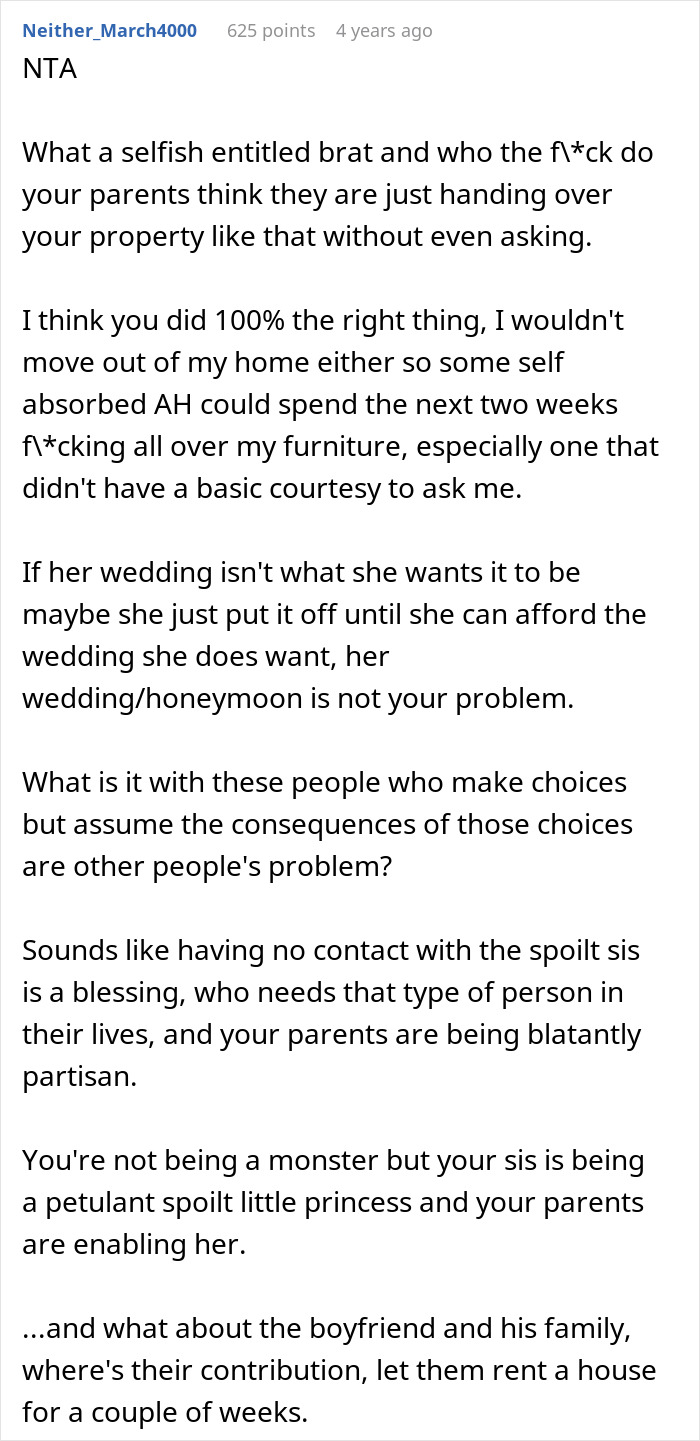 Comment discussing a bride's harsh reality check after expecting to spend honeymoon at sibling’s house. Comment discussing a bride's harsh reality check after expecting to spend honeymoon at sibling’s house.