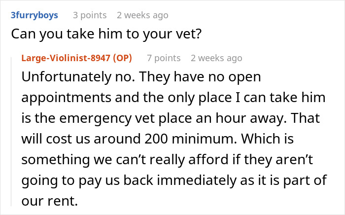 Text conversation showing a person unable to afford emergency vet care, highlighting neglectful owner dog health problems.