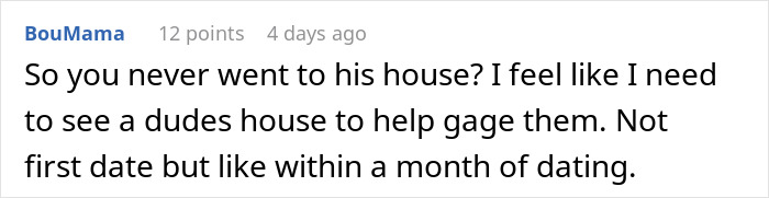 Screenshot of an online comment discussing relationship doubts and the need to meet a boyfriend&rsquo;s house early in dating.