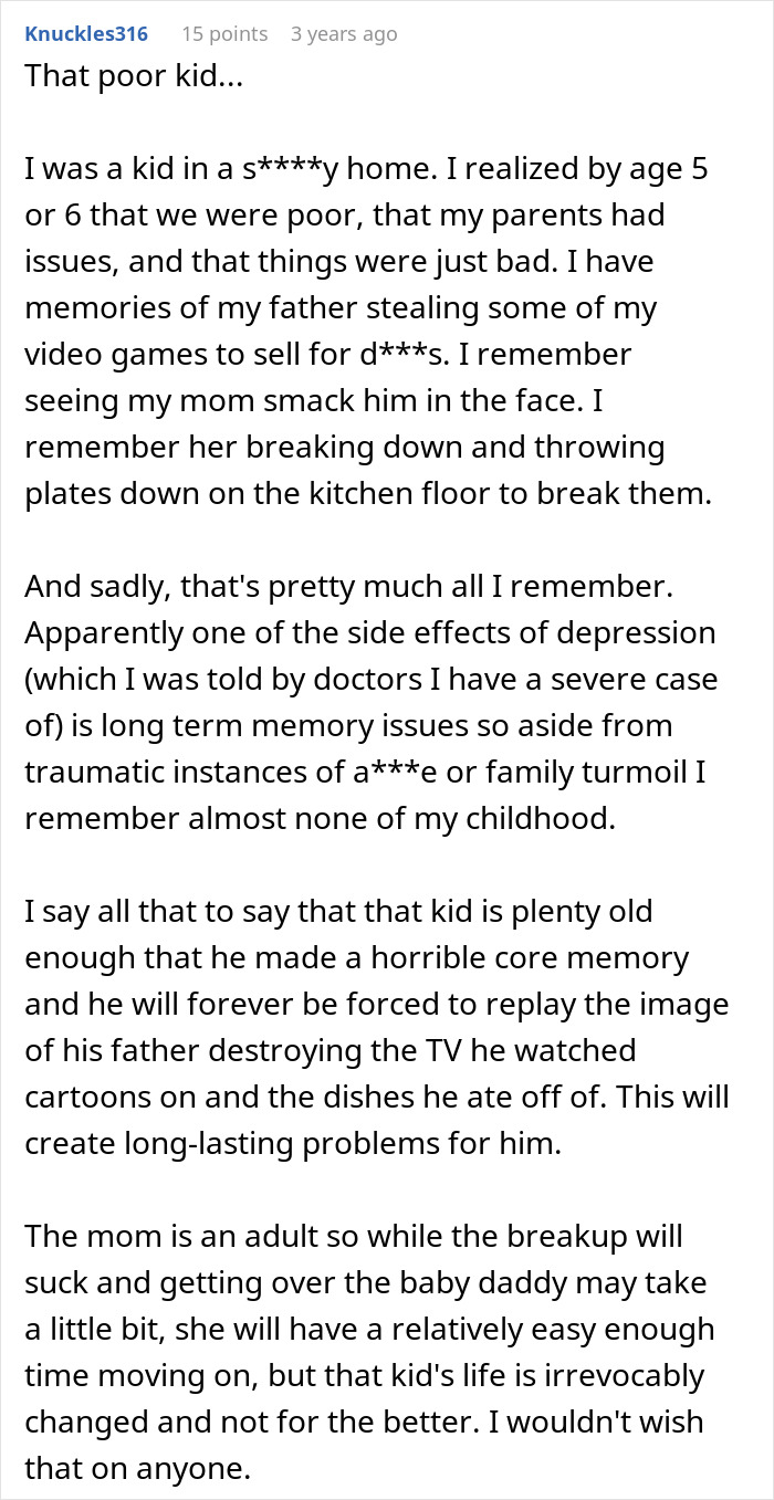 Comment text reflecting on a difficult childhood with family issues, trauma, and long-lasting emotional impact.