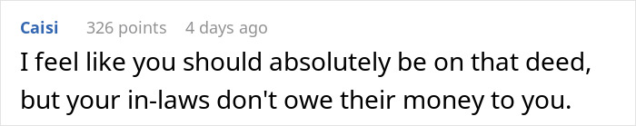 Comment about woman expecting money from in-laws, highlighting misunderstanding about gift intended only for husband.