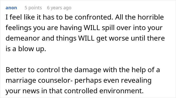 Text post discussing confronting feelings and marriage counseling to control damage, with dad doubting paternity after chance meeting.