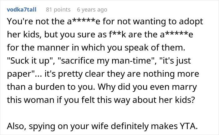 Man refuses to adopt wife&rsquo;s kids after spying on her and discovering secret about their father in a tense online discussion.