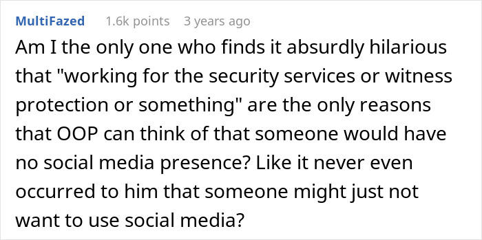 Reddit comment discussing skepticism about lack of social media presence in a story about a man living as a man in the US.