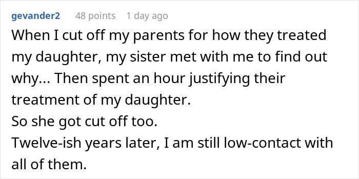 Comment describing cutting off grandparents after guilt trip over kid, highlighting lasting family estrangement and low contact.