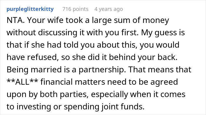 Comment discussing a wife secretly sending money to a sister&rsquo;s pyramid scheme and its impact on their financial partnership.