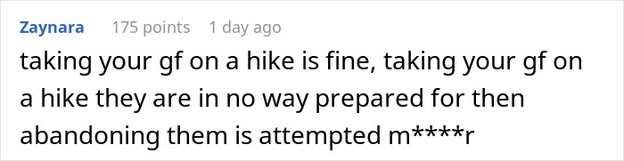 Comment about men abandoning their partners during outdoor activities, shared on a social platform with 175 points.