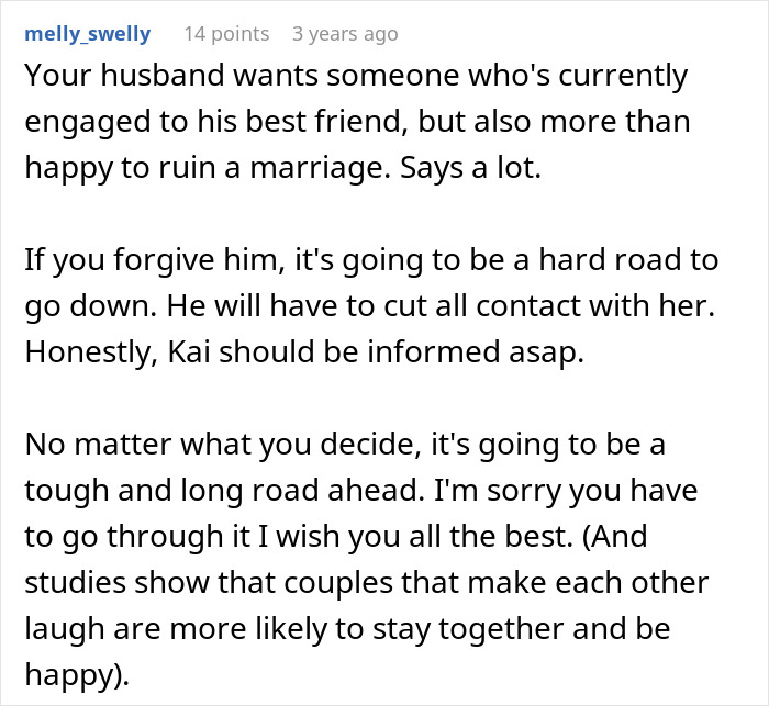 Reddit comment discussing a woman's joke revealing her husband is a horrible cheating jerk and relationship struggles.