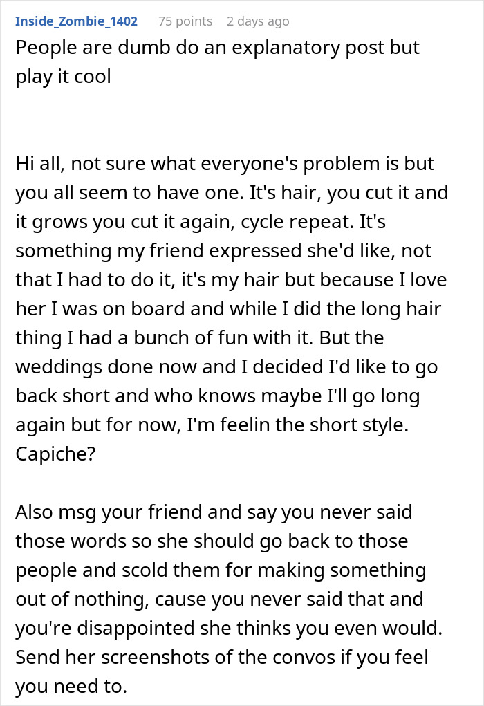 Reddit post explaining woman buzzed her hair by choice after friend&rsquo;s wedding, addressing misconceptions about hair growth.