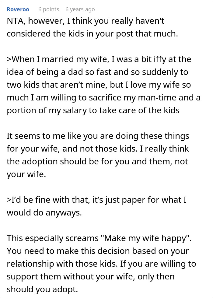Reddit comment discussing a man refusing to adopt wife's kids after discovering secret about their father.