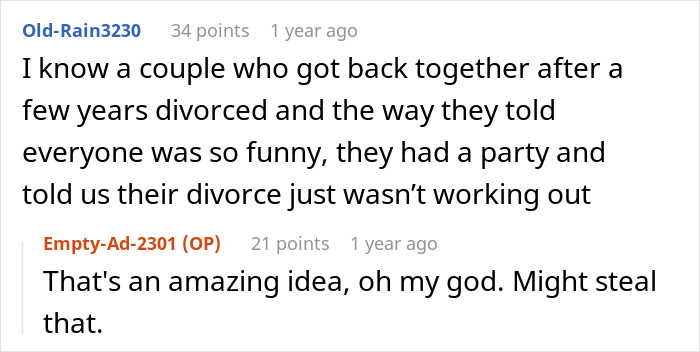Screenshot of online comments sharing a love story about reconnecting with an ex and couples not giving up on love.
