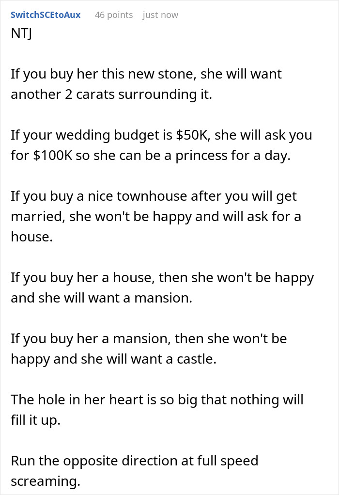 Text discussing a woman&rsquo;s dream ring with an $18,000 price tag and escalating demands from her fianc&eacute;.