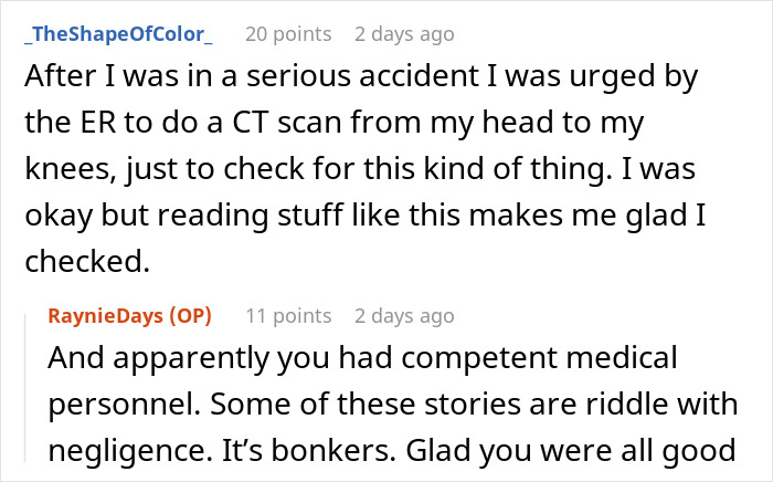 Reddit comments discussing a guy coughing up blood days after a car accident, emphasizing serious crash warnings.