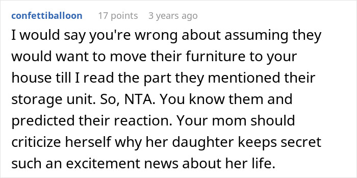 Screenshot of a comment discussing parents being mad their daughter didn&rsquo;t tell them she bought a house and was sneaky.