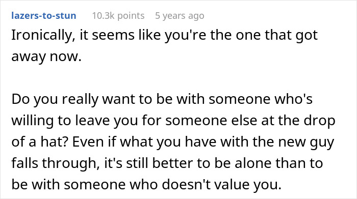Screenshot of a Reddit comment discussing regret after ditching a fianc&eacute;e to chase the one that got away.