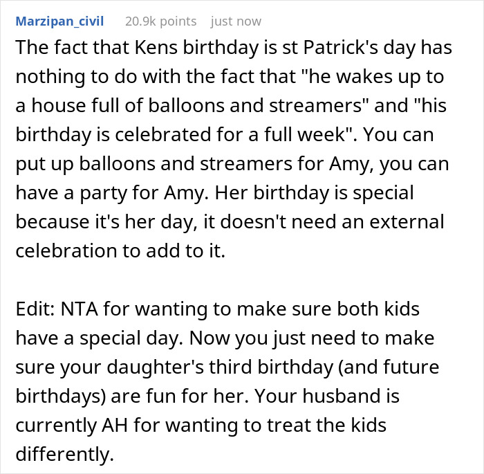 Reddit comment discussing kids&rsquo; birthday celebrations and a dad&rsquo;s cruel attitude about remembering birthdays later.