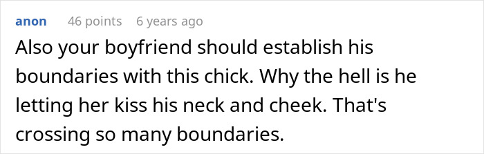 Comment discussing boyfriend&rsquo;s boundaries with his female friend and concerns about boundary crossing in the relationship.