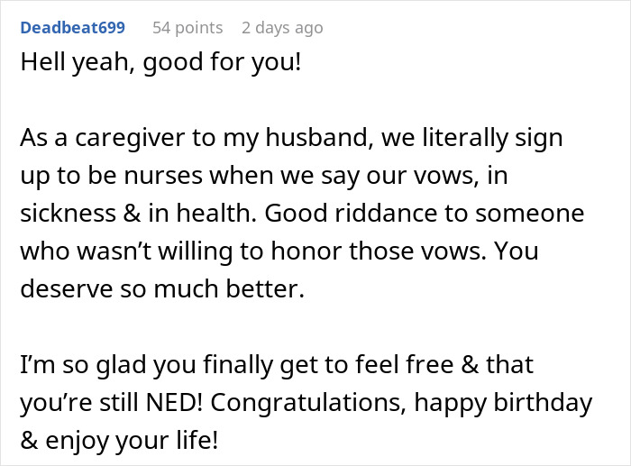 Screenshot of a heartfelt Reddit comment about abandonment and honoring marriage vows during difficult times. Screenshot of a heartfelt Reddit comment about abandonment and honoring marriage vows during difficult times.