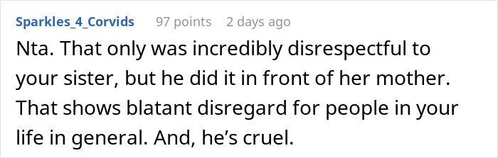 Screenshot of a Reddit comment criticizing a guy for disrespecting his girlfriend&rsquo;s teen sister and causing a breakup.
