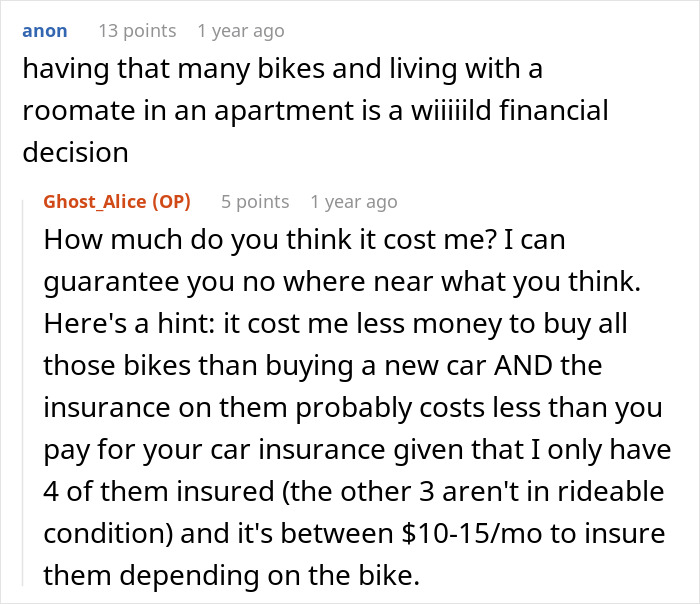 Woman using wit and seven motorcycles to teach an annoying neighbor a lesson about fair parking outside an apartment.