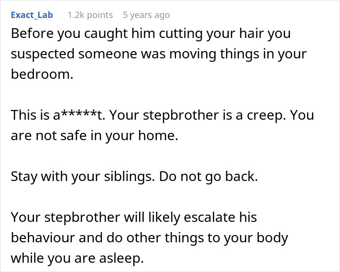 Screenshot of a Reddit comment warning about a creepy teen stepbrother cutting hair and unsafe home behavior.