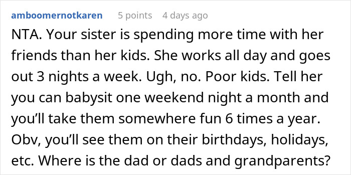 Text post discussing a mom using her sister as a free sitter, highlighting co-parenting challenges and boundaries.