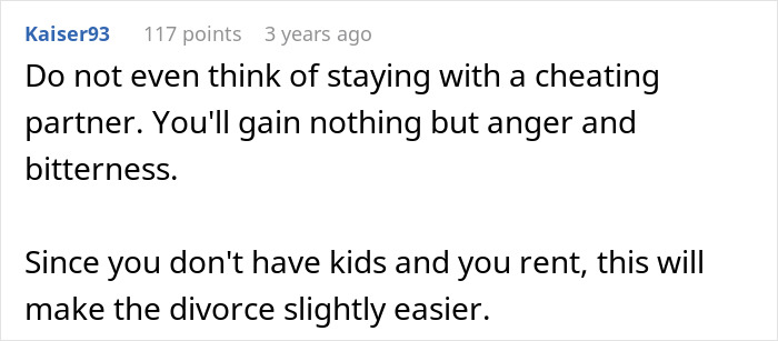 Online comment advising against staying with a cheating partner, highlighting anger, bitterness, and easier divorce process without kids.