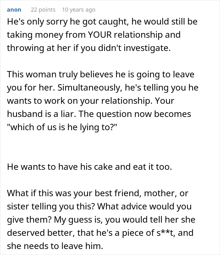 Commenter discusses a man lying about helping a pregnant coworker and the wife's discovery of the truth.
