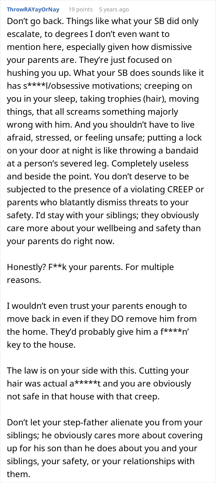 Comment discussing a creepy teen cutting step-sister&rsquo;s hair and parents dismissing the situation as no big deal.