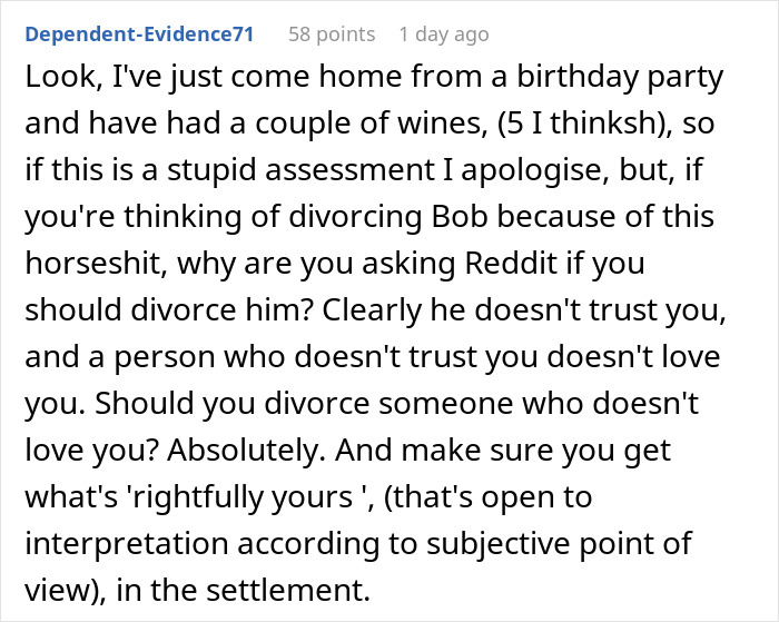 Screenshot of a Reddit comment discussing distrust and divorce related to a husband lying about inheritance.