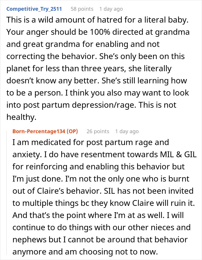 Reddit discussion about violent niece injuring 6-month-old baby and family enabling harmful behavior while ignoring the victim.