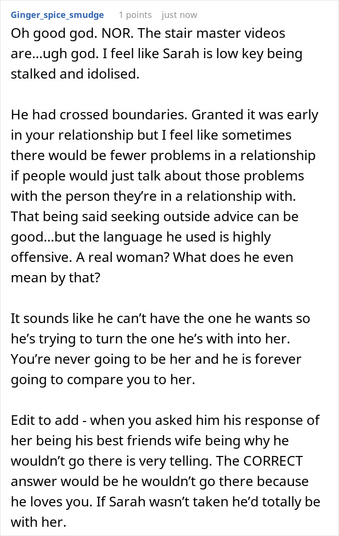 Text commentary about arrogant guy ruthlessly comparing his devoted girlfriend to another man's wife, making her feel like second best.
