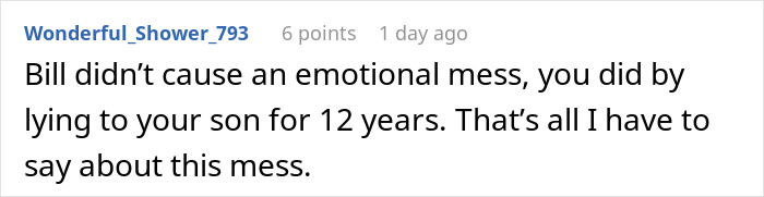 Screenshot of a comment discussing a husband lying about inheritance and leaving his wife who cares for him with nothing.