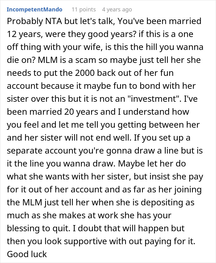 Comment from Reddit user discussing a man discovering wife sent $2K to sister&rsquo;s pyramid scheme and giving an ultimatum.