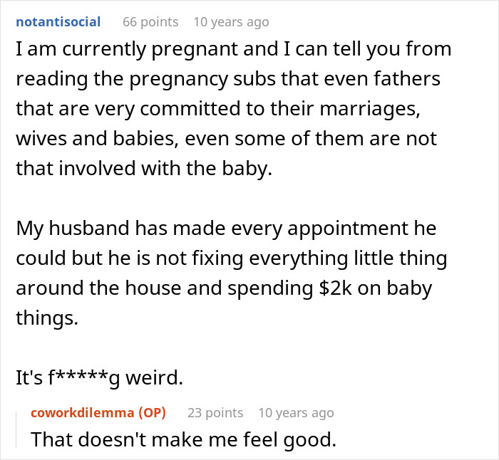 Screenshot of a Reddit conversation about a pregnant coworker and a husband&rsquo;s involvement, highlighting coworker dilemma.
