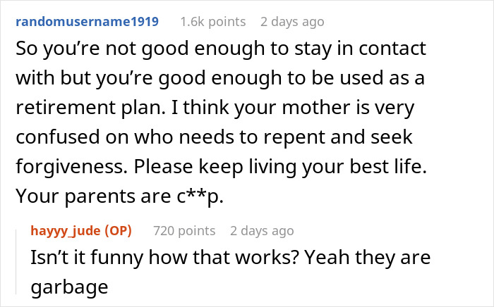 Reddit comments discussing a gay man shocked by parents expecting him to fund their retirement after being kicked out.