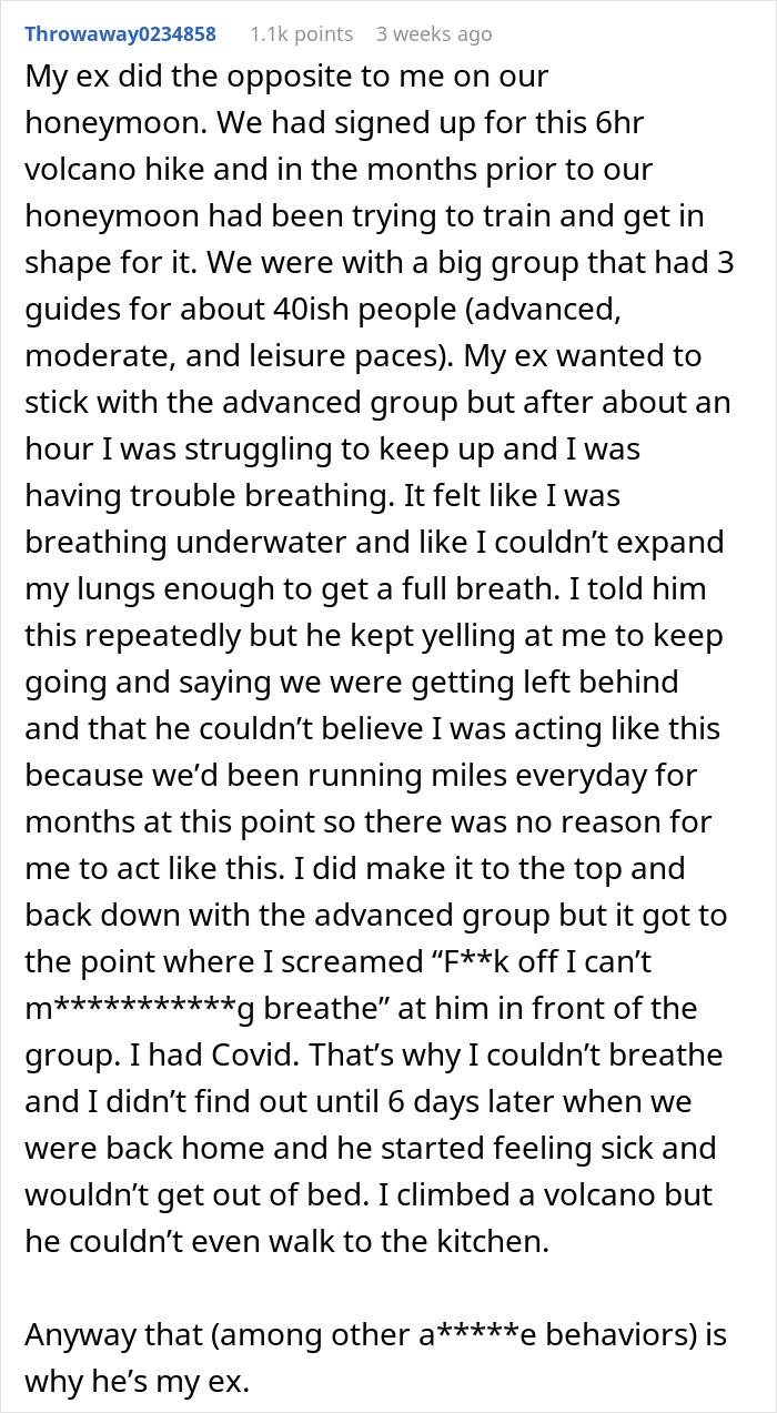Reddit post detailing men abandoning partners during outdoor activities, sharing a challenging volcano hike experience.