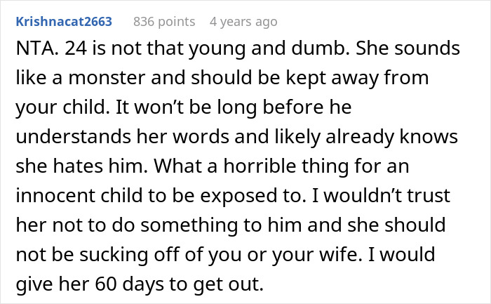 Comment discussing a rude relationship issue involving a baby and expressing concern for the child's well-being.
