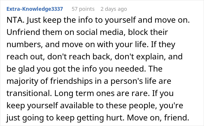 Screenshot of a forum post advising to trust gut instinct and move on from a toxic friendship conspiracy revealed by a suspicious woman.