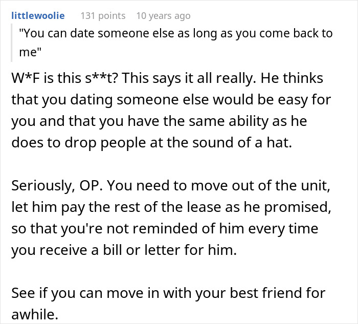 Screenshot of a Reddit comment discussing regret and relationship advice after ditching a fianc&eacute;e for the one that got away.