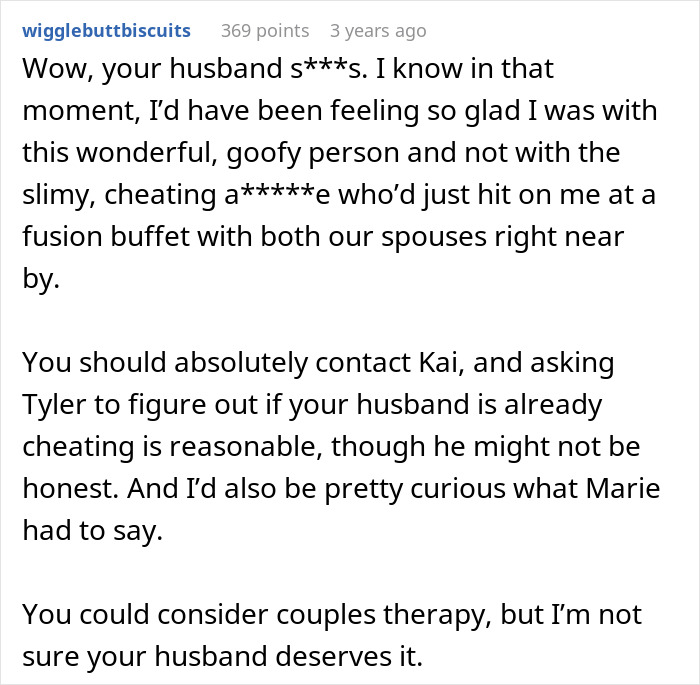 Alt text:
Comment revealing a woman's goofy joke exposing her husband's horrible cheating behavior in a relationship discussion.