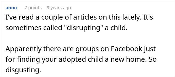 Comment discussing groups on Facebook aimed at rehoming adopted children due to behavioral issues. Comment discussing groups on Facebook aimed at rehoming adopted children due to behavioral issues.